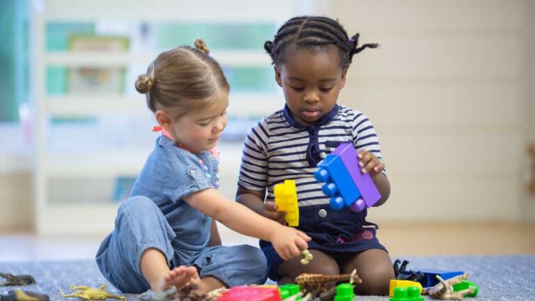 2-year-old milestones. Toddlers playing together with blocks, toddler social milestones and development