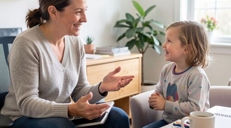 ACT therapy session for autism showing a therapist using Acceptance and Commitment Therapy techniques while engaging a young child in a calm, supportive family setting
