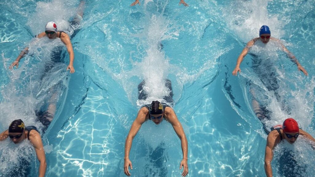 Young swimmers racing in a pool, representing athletes with autism and the benefits of autism in sports, showing how children with autism can play sports like swimming to build focus, coordination, and confidence.