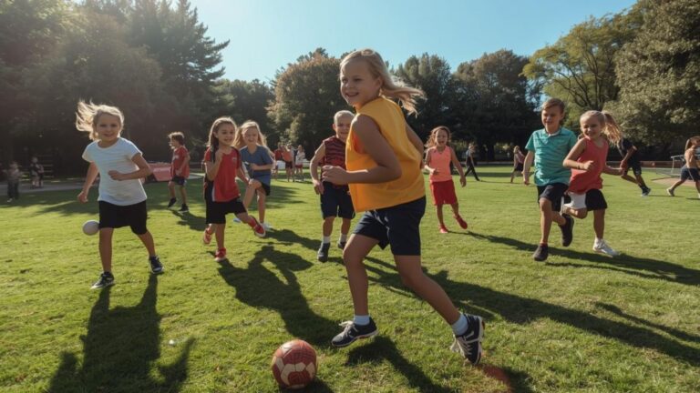 Children playing soccer on a grassy field, representing athletes with autism and the benefits of autism in sports, showing how children with autism can play sports and build social and physical skills.