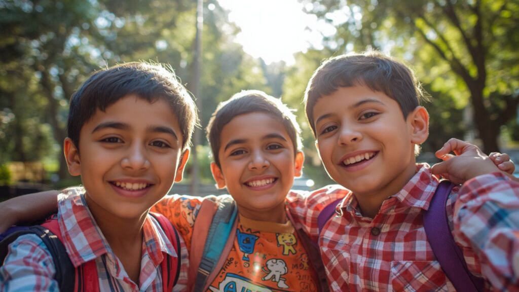 Three smiling young boys with backpacks standing outdoors together, representing friendship, inclusion, and support during Autism Awareness Month