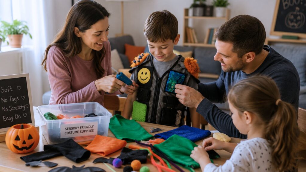 Family creating a sensory-friendly Halloween costume together using soft fabrics and comfortable materials at home.