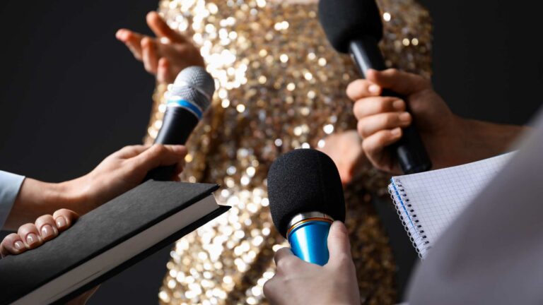 Interview scene showing microphones held toward a speaker, alongside information about famous people with autism