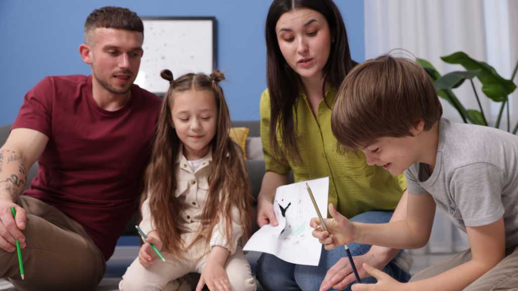 Family practicing ABA parent training strategies during art activity