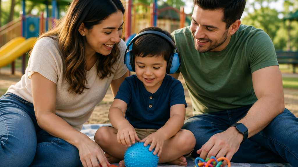 Parents supporting child with autism during sensory play at the park