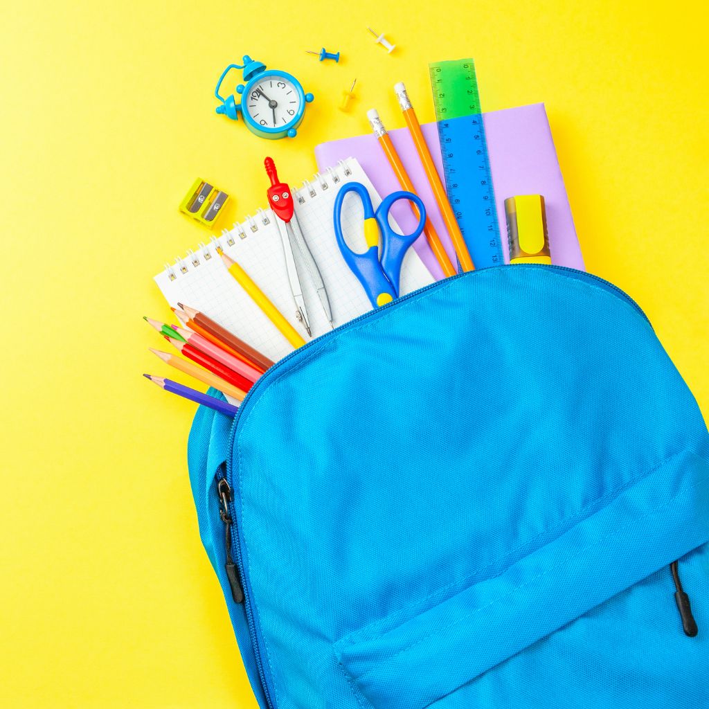 Backpack filled with preschool supplies for autism and preschool readiness