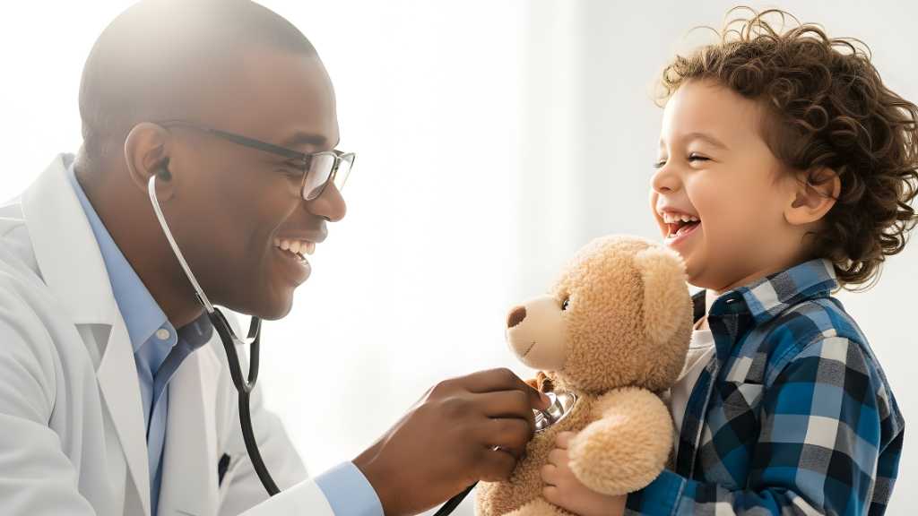 Child with doctor during developmental pediatrician appointment for autism testing