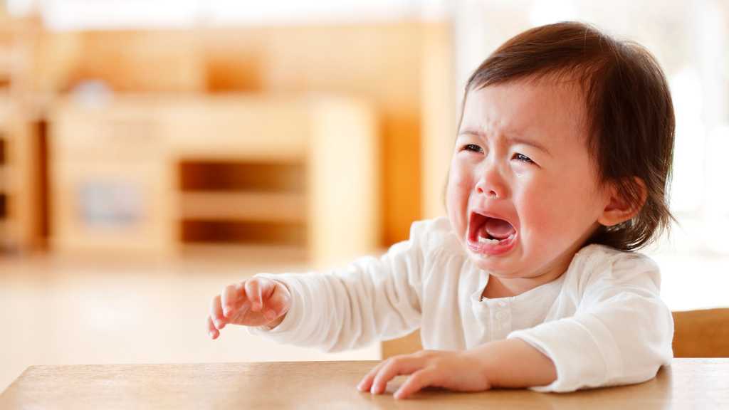 Toddler crying at table, 2-year-olds have meltdowns and emotional outbursts